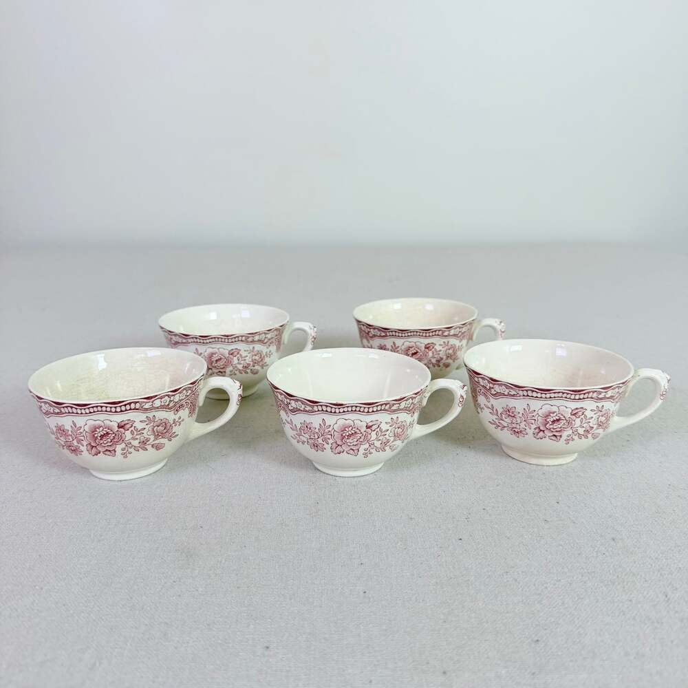 Vintage Crown Ducal Bristol Pink Red Footed Teacup Saucer Set of 5 Transferware